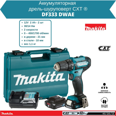 Аккум. дрель-шуруповерт MAKITA DF 333 DWAE в чем. (12.0 В, 2 акк., 2.0 А/ч Li-Ion, 2 скор., 30 Нм, шурупы до 8 мм)