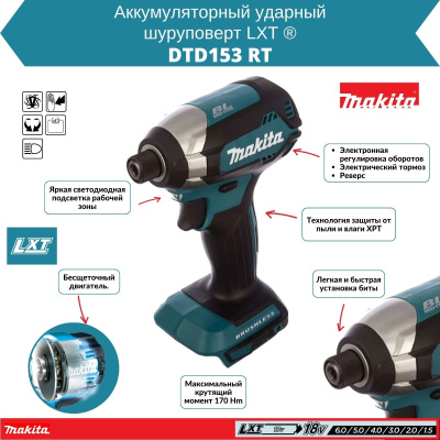 MAKITA DTD153RT Аккум винтоверт в чем.(18.0V, 1*5.0Ah,  BL-мотор, 1 скор., 170 Нм,  1/4